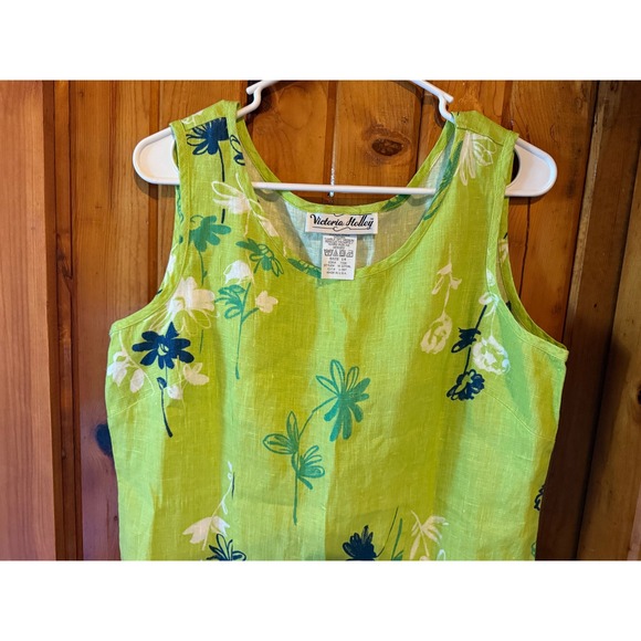 Victoria Holley Floral Linen Dress Green White Blue Size 14 Sleeveless Summer - Picture 5 of 5
